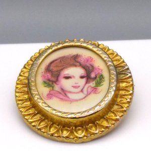 Vintage Elegant Mod Lady Brooch, Lapel Pin with Gold Tone Frame and Pink Flowers